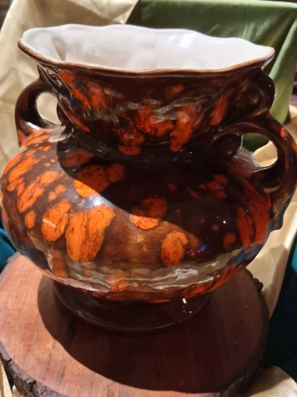 Vintage MCM 1970s Drip Glaze Vase Orange Brown Tortoiseshell Splatter Planter